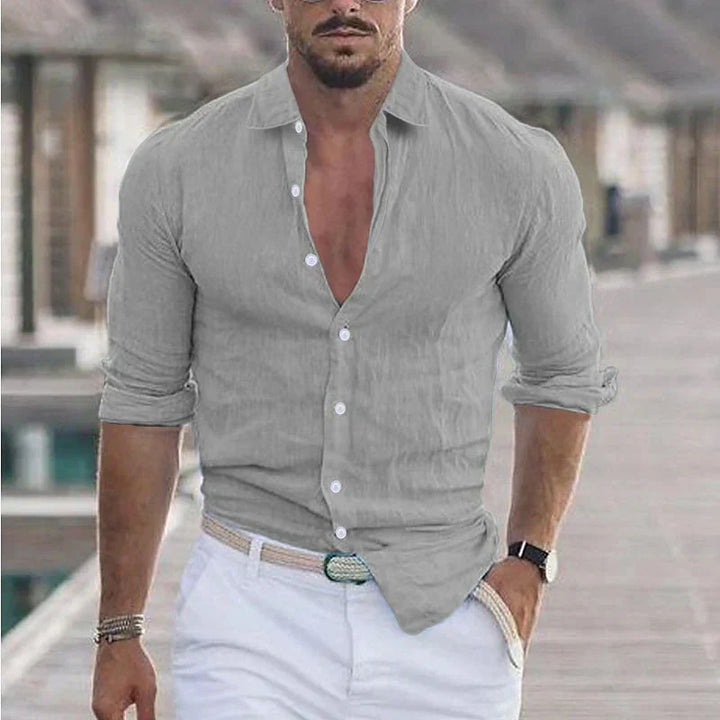 Lightweight men's regular fit long sleeve button-up shirt. Casual style, perfect for spring/summer comfort.