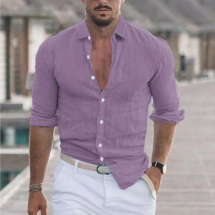 Comfortable men's casual long sleeve shirt featuring a classic turn-down collar. Versatile & lightweight for summer.