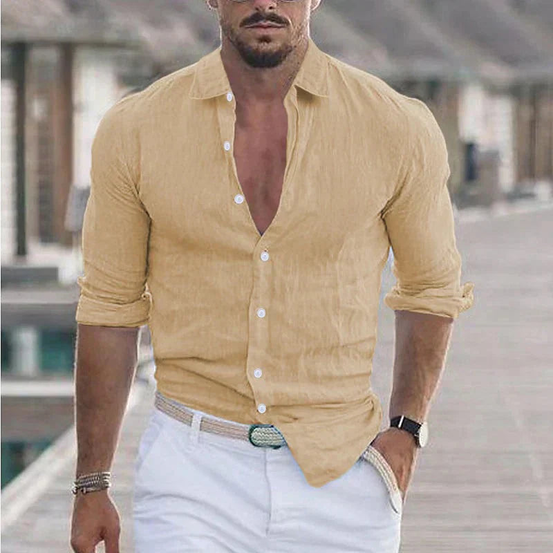 Versatile men's casual long sleeve button-up shirt with a turn-down collar. Ideal for relaxed spring/summer outfits.