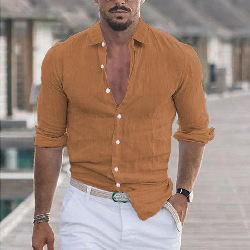 Stylish men's casual long sleeve shirt, regular fit, with turn-down collar. Perfect for spring/summer daily wear.