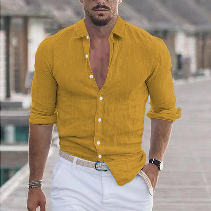 New men's casual long sleeve shirt with a turn-down collar. Comfortable, regular fit, and lightweight for warm weather.