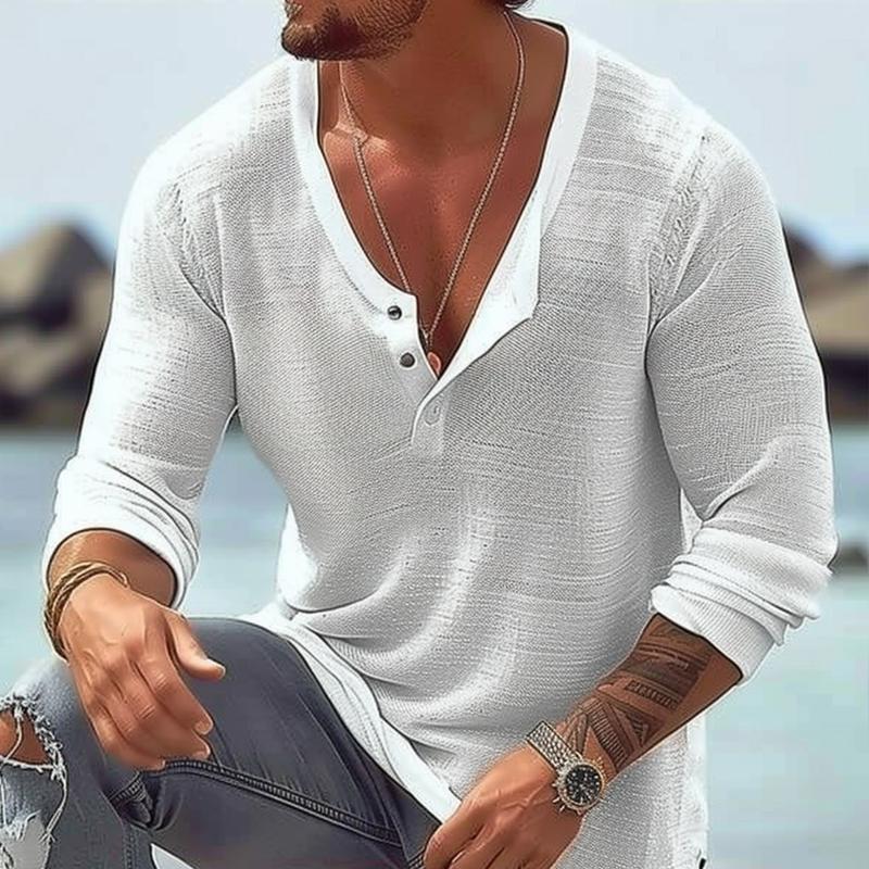 Close-up of men's long sleeve Henley U-neck tee with button placket detail. Ideal for casual spring & fall outfits.