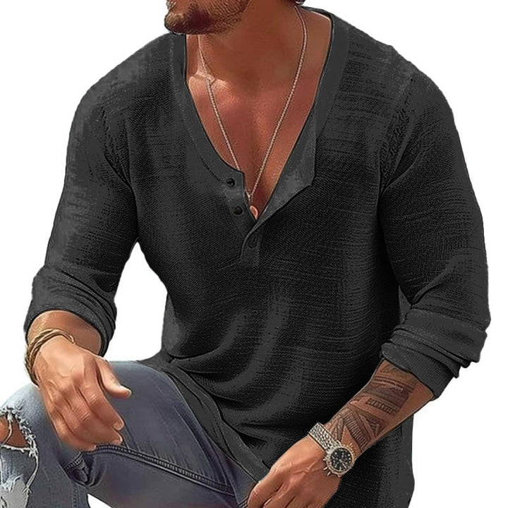 Stylish men's casual long sleeve Henley U-neck tee. Perfect for comfortable everyday wear & versatile spring/fall looks.