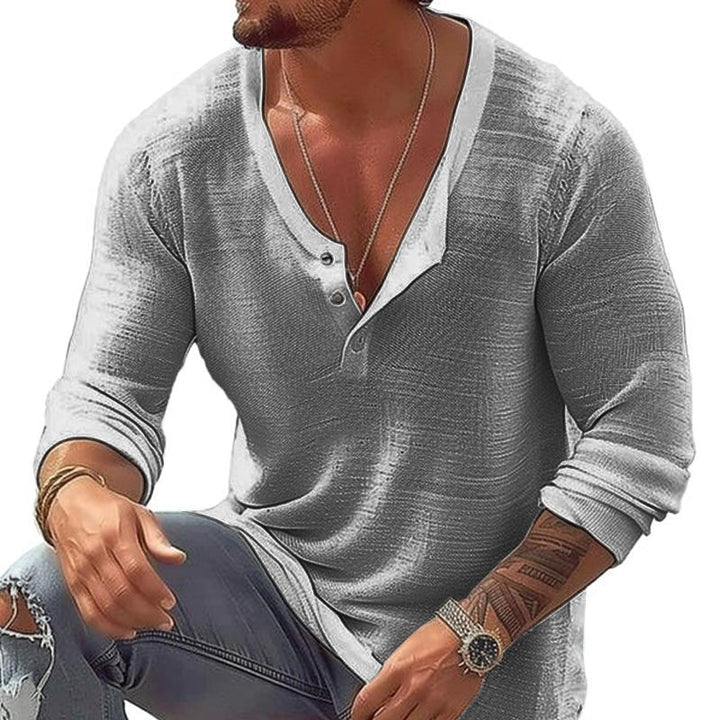 Men's everyday comfort long sleeve Henley U-neck tee, featuring a button placket. Great for versatile spring/fall fashion.