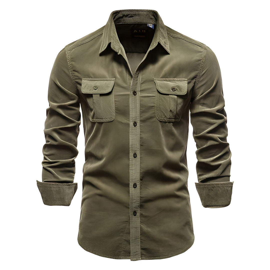 Men's casual long sleeve utility shirt, rugged military style in a neutral color, front view