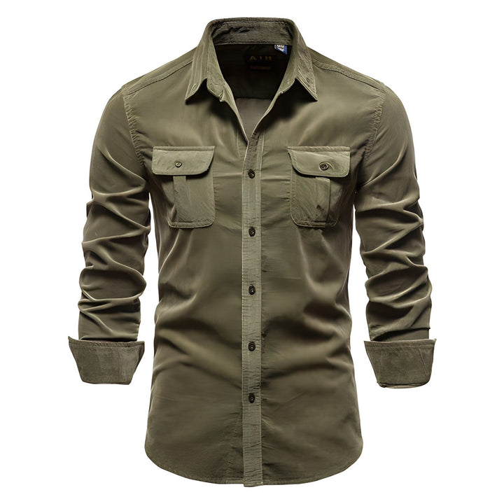Men's casual long sleeve utility shirt, rugged military style in a neutral color, front view