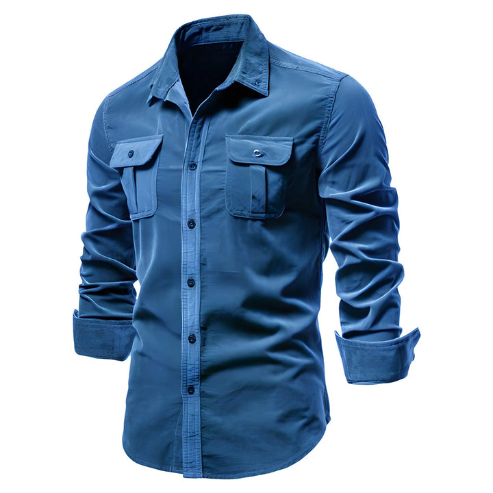 Man wearing a long sleeve utility shirt, styled casually, showcasing fit and fabric texture