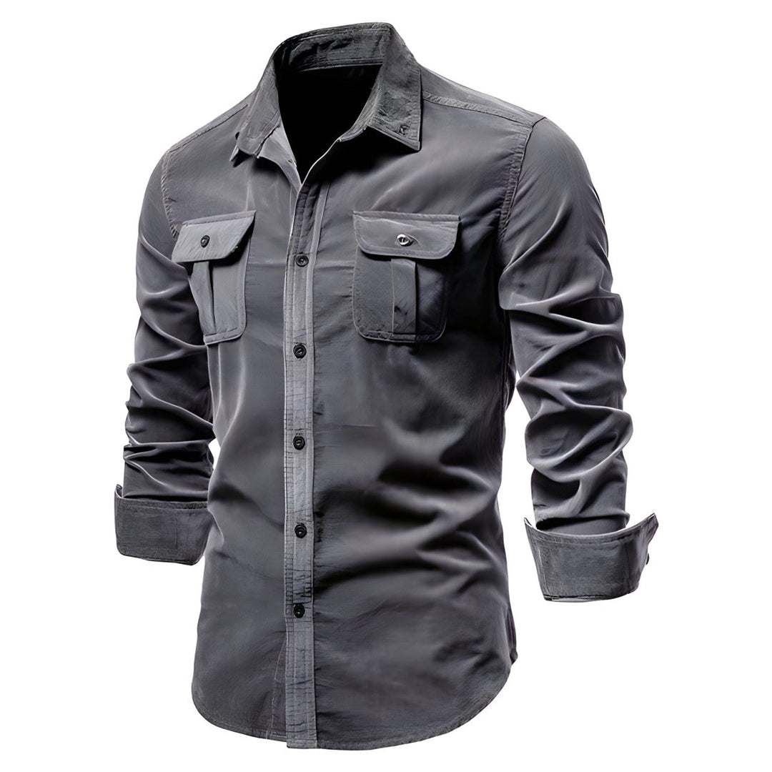 Back view of men's military style utility shirt, emphasizing seam details and casual ruggedness