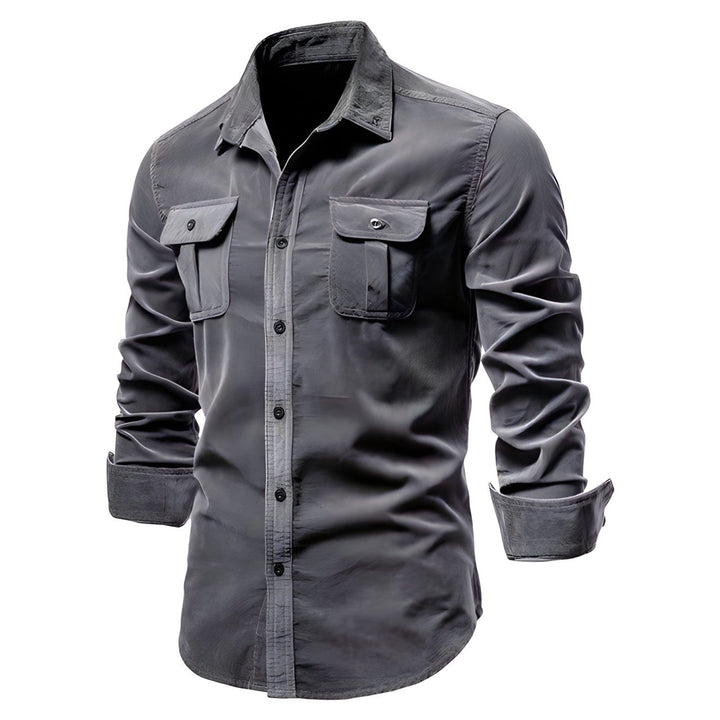 Back view of men's military style utility shirt, emphasizing seam details and casual ruggedness