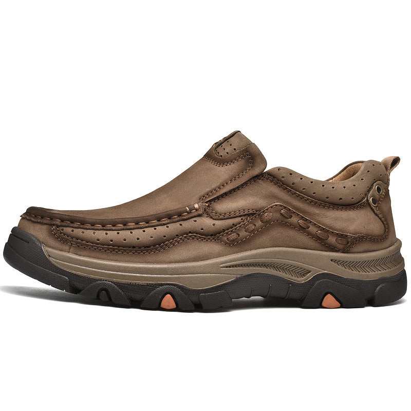 Black leather men's slip-on shoes with orthopedic design, ideal for comfortable casual wear and walking.
