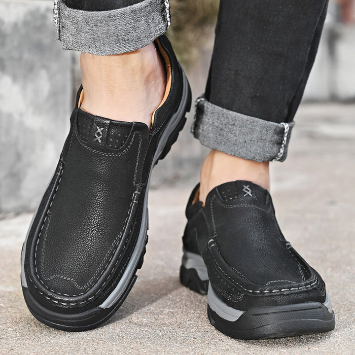Comfortable men's brown slip-on leather shoes, with orthopedic support for improved posture during walking.