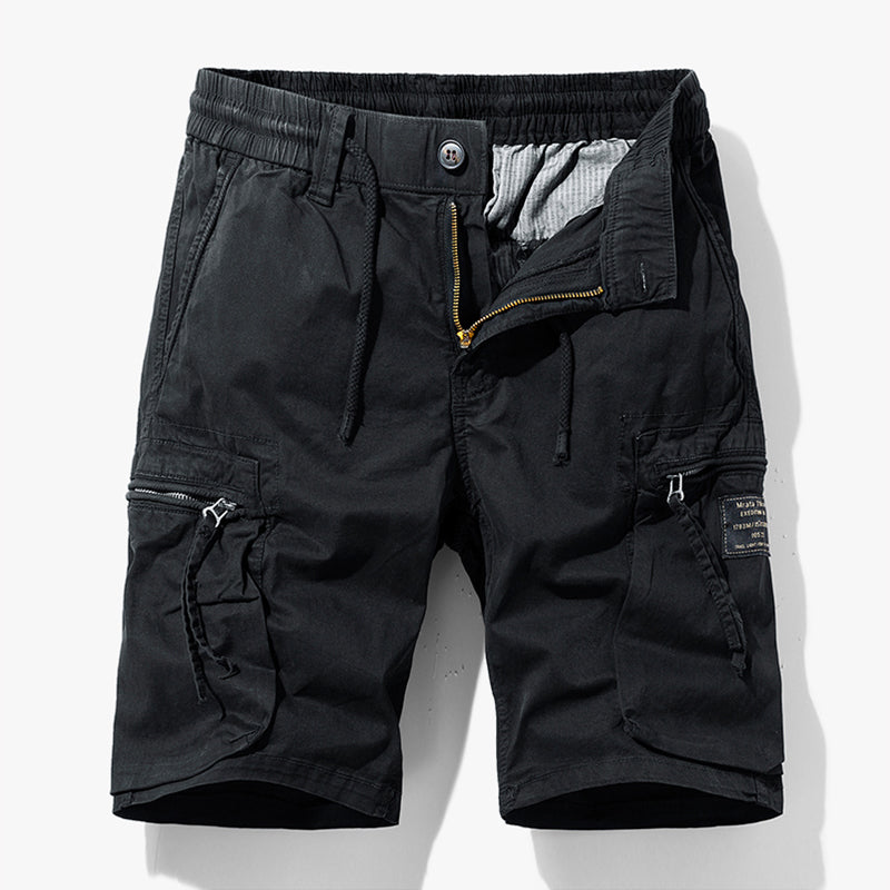 Practical men's drawstring cargo shorts for outdoor activities. Stylish and comfortable casual summer wear.