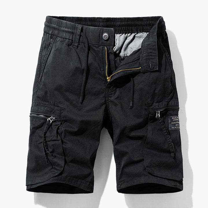 Practical men's drawstring cargo shorts for outdoor activities. Stylish and comfortable casual summer wear.