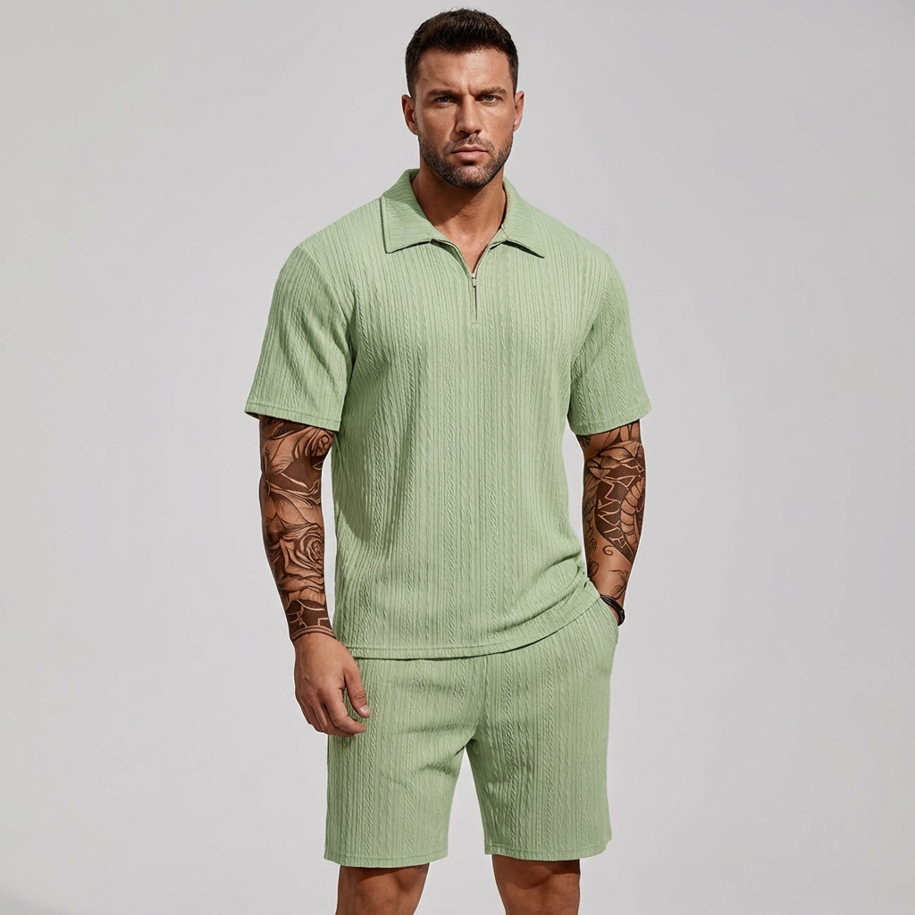 Men's casual quarter-zip polo & shorts set in blue, perfect for summer outfits & loungewear.