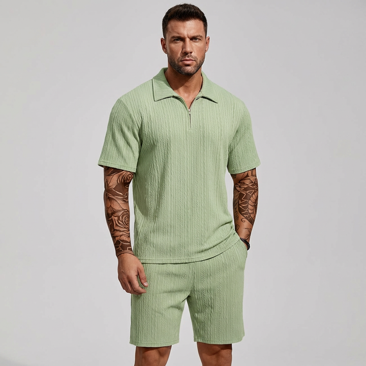 Men's casual quarter-zip polo & shorts set in blue, perfect for summer outfits & loungewear.