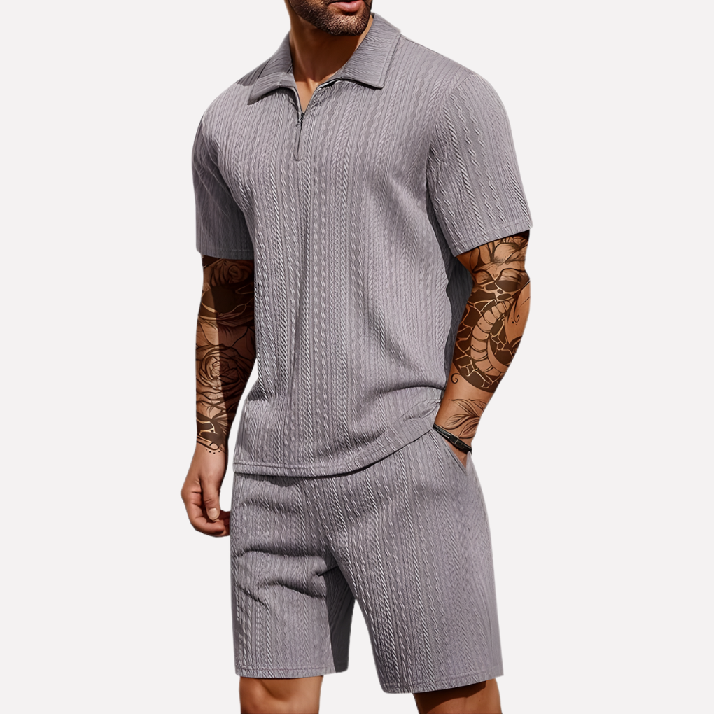 Easy-care men's loungewear set: a quarter-zip polo and matching shorts for men's fashion.