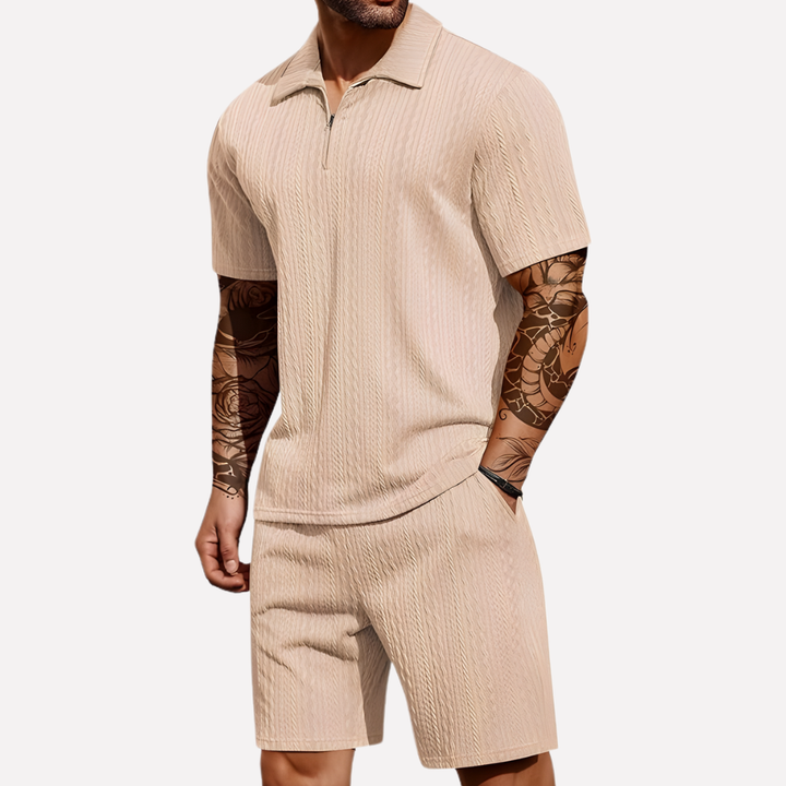 Lightweight men's casual set: quarter-zip polo shirt and shorts, great for warm weather.