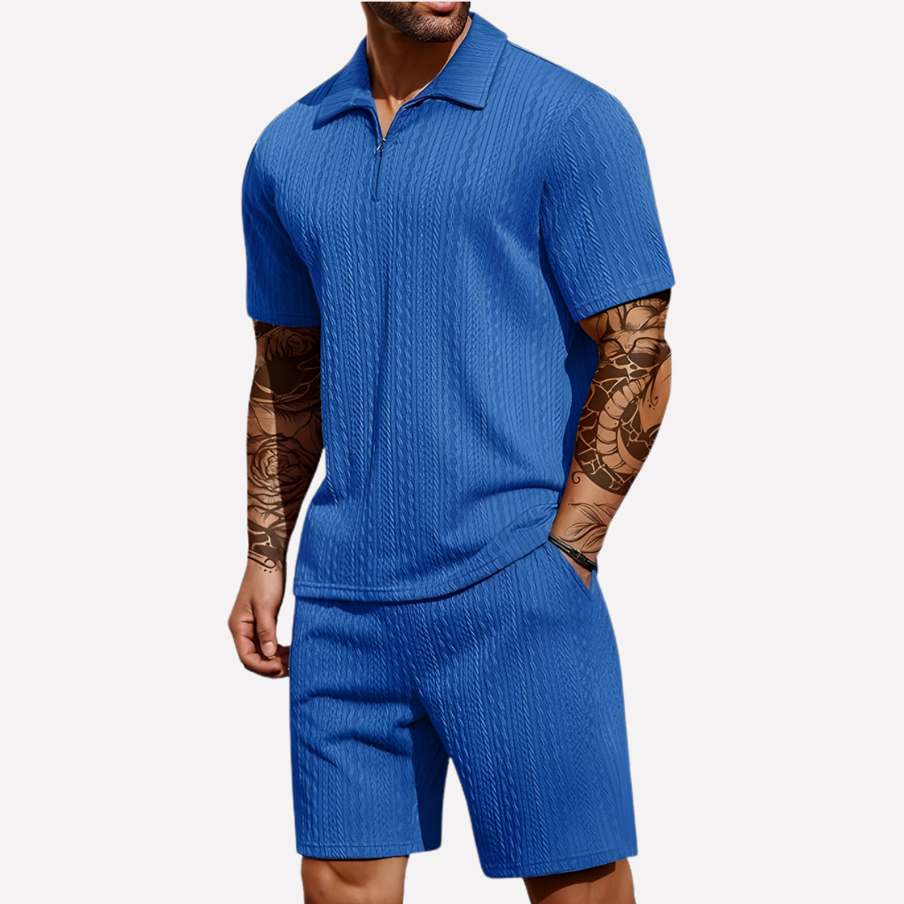 Durable men's two-piece set: a stylish quarter-zip polo and practical shorts for daily wear.