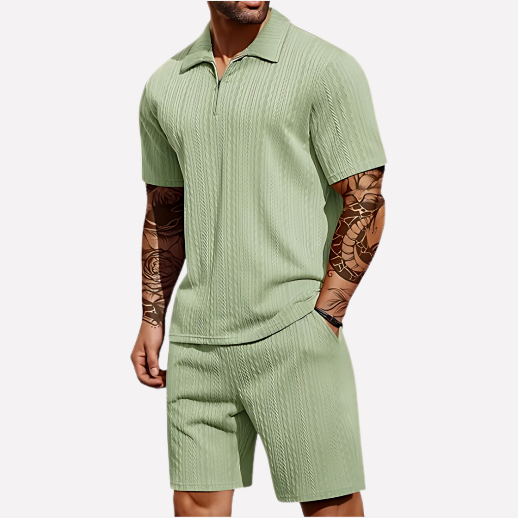Comfortable men's two-piece casual set featuring a quarter-zip polo shirt and matching shorts.