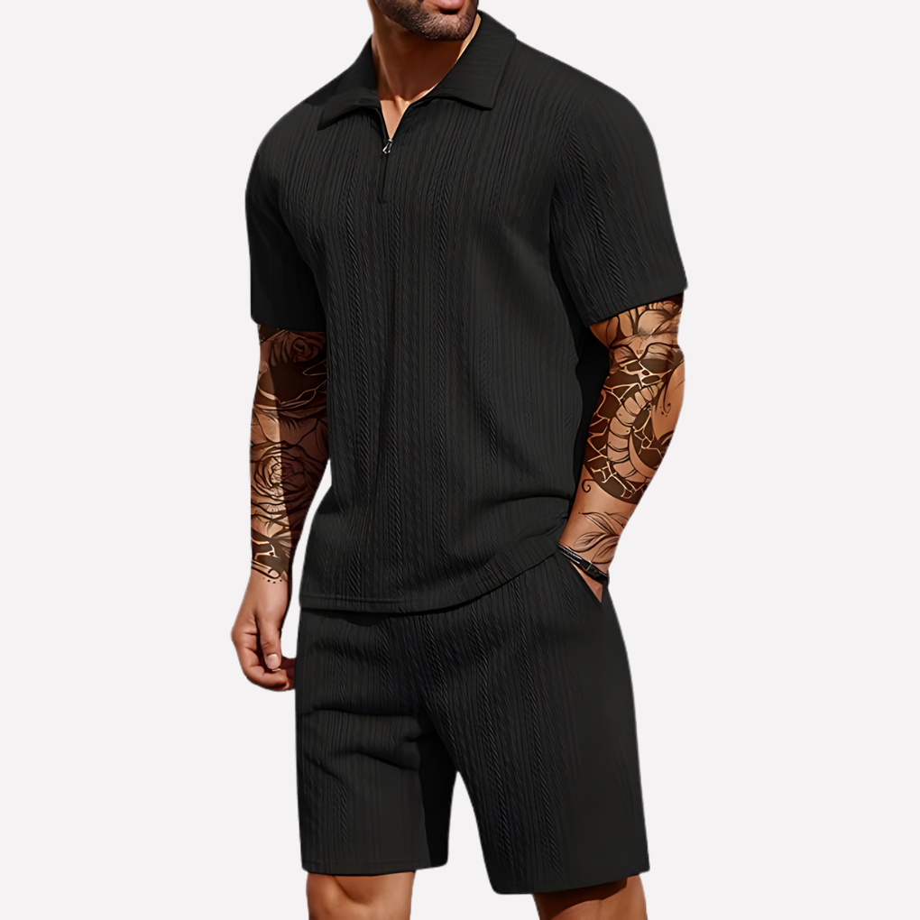 Stylish men's quarter-zip polo & shorts set, ideal for warm weather and everyday casual wear.
