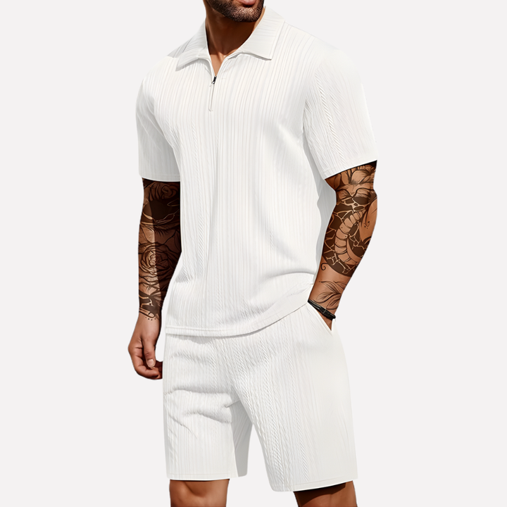 Versatile men's apparel set: quarter-zip polo and shorts, great for sportswear or lounging.