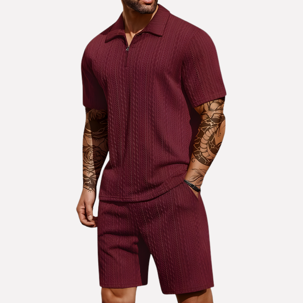 Relaxed fit men's casual set with a quarter-zip polo shirt and soft, comfortable shorts.