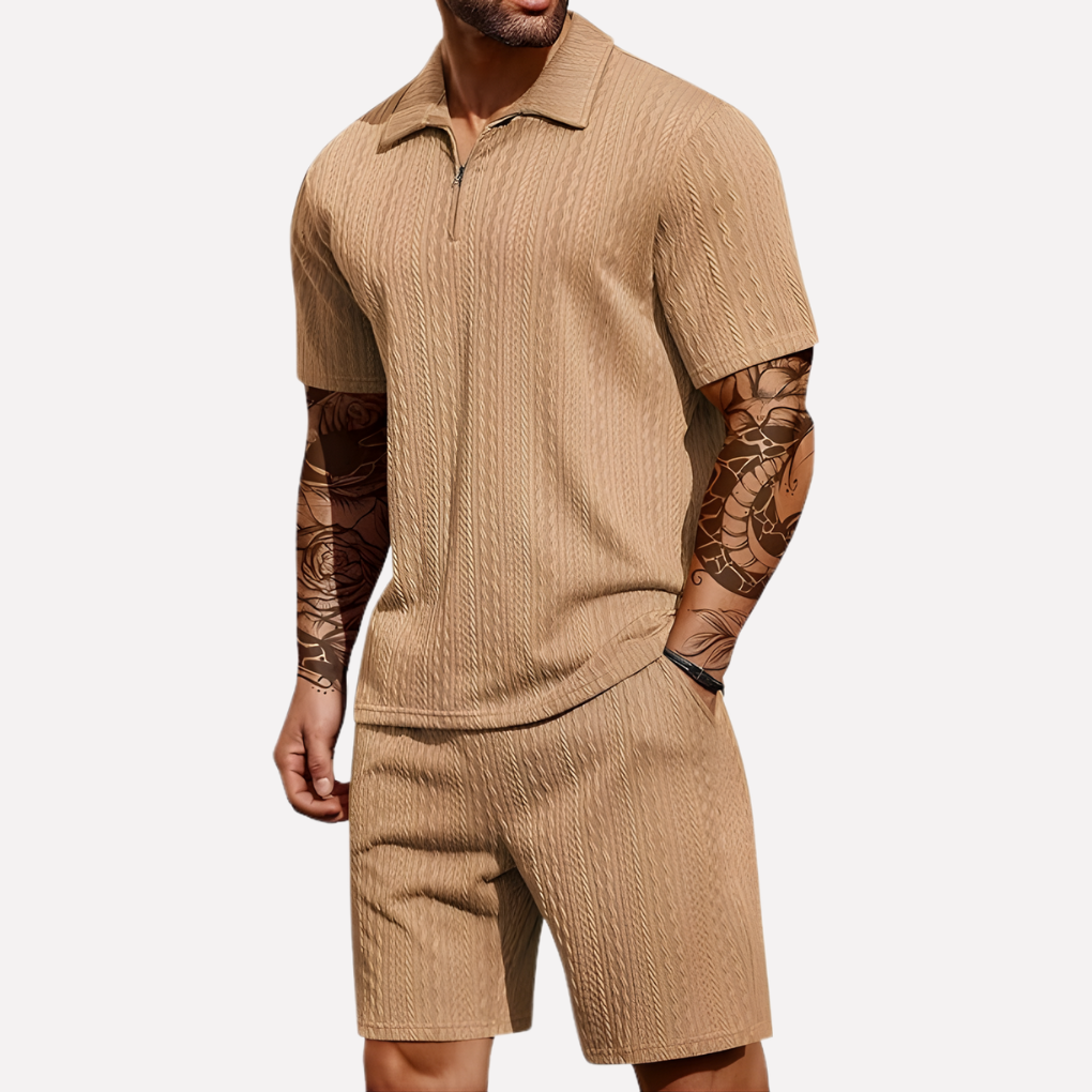 Men's two-piece quarter-zip polo shirt and shorts set, designed for ultimate comfort.