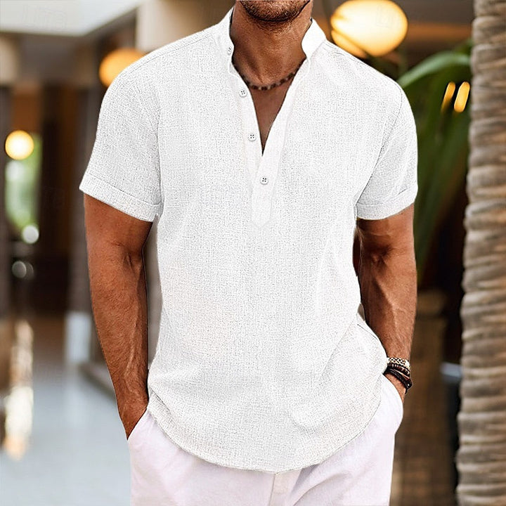 Stylish men's Henley shirt, short sleeve for casual spring & summer. Relaxed fit with a button-up placket.