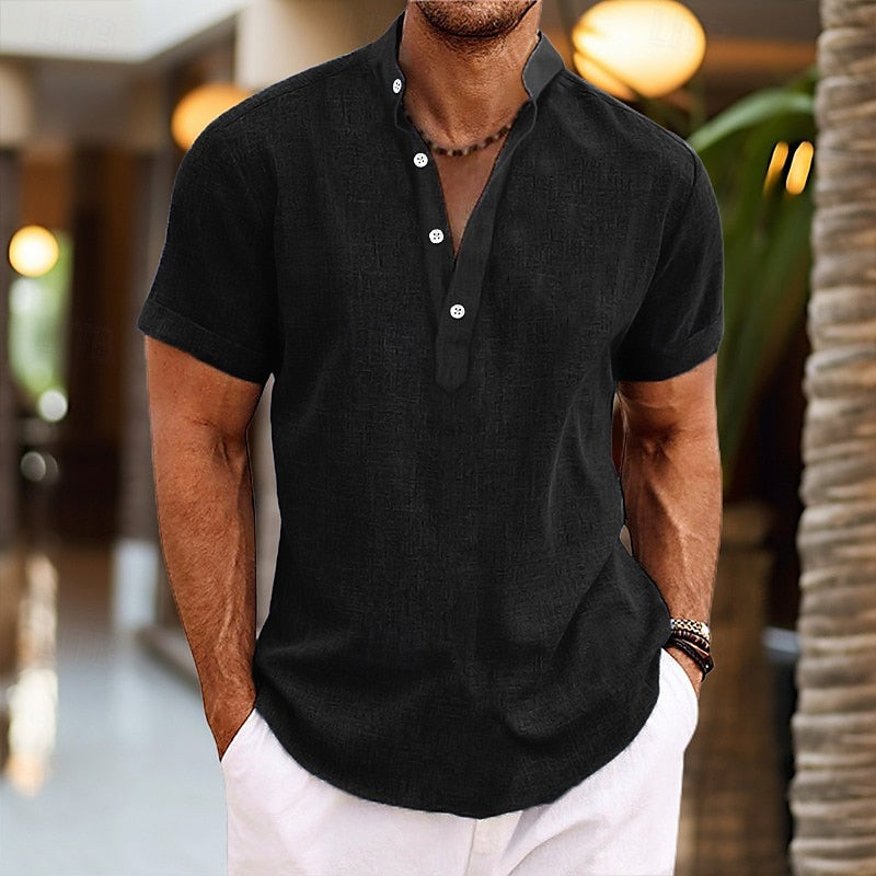 Comfy men's short sleeve Henley shirt, great for casual everyday wear in spring. Classic button placket.