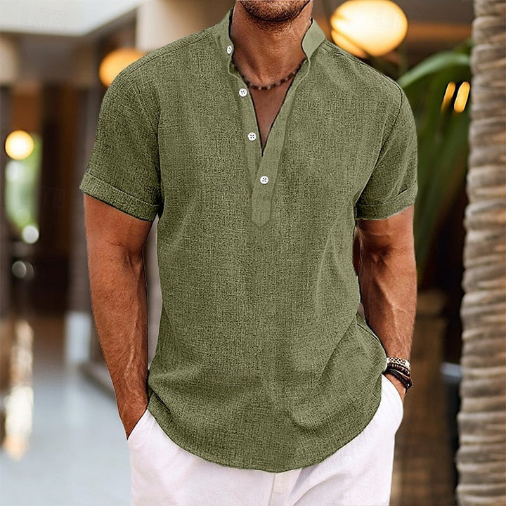 Casual men's short sleeve Henley shirt. A comfy wardrobe staple for relaxed everyday wear in any season.
