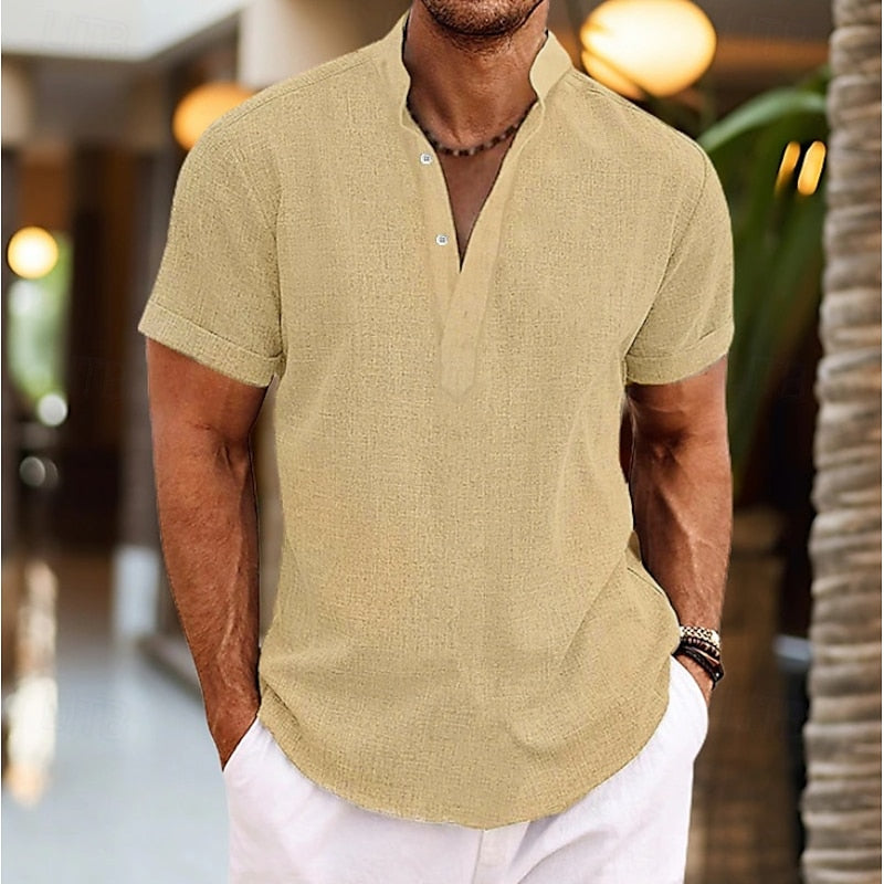 Men's fashion essential: Short sleeve Henley shirt with button placket. Great for casual spring/summer outfits.