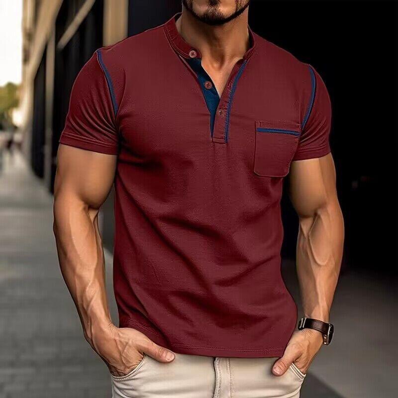 Man enjoying a casual day in a slim-fit Henley t-shirt. Comfortable men's summer top for active style.