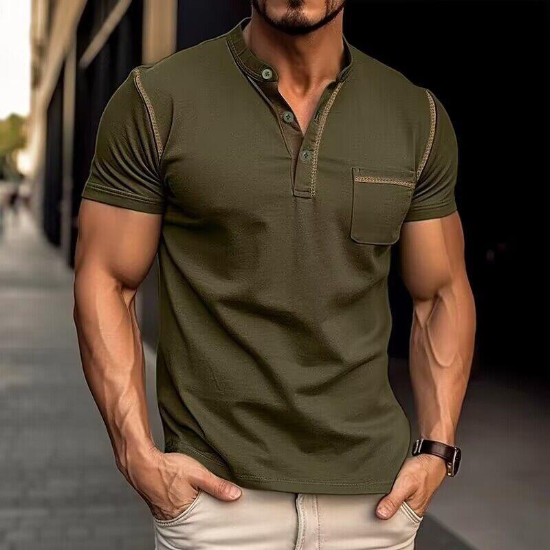 Detail of the button-up placket on a men's casual slim-fit Henley t-shirt. Everyday comfort & style.