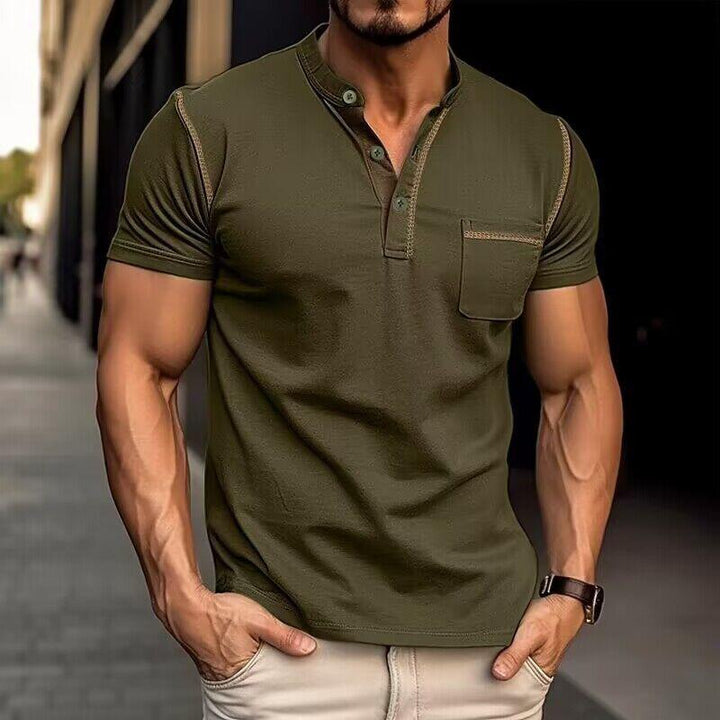 Detail of the button-up placket on a men's casual slim-fit Henley t-shirt. Everyday comfort & style.