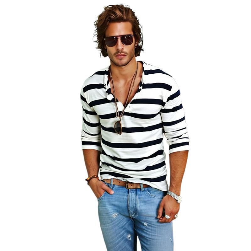 Men's casual striped henley long sleeve t-shirt, perfect for everyday wear and comfort.