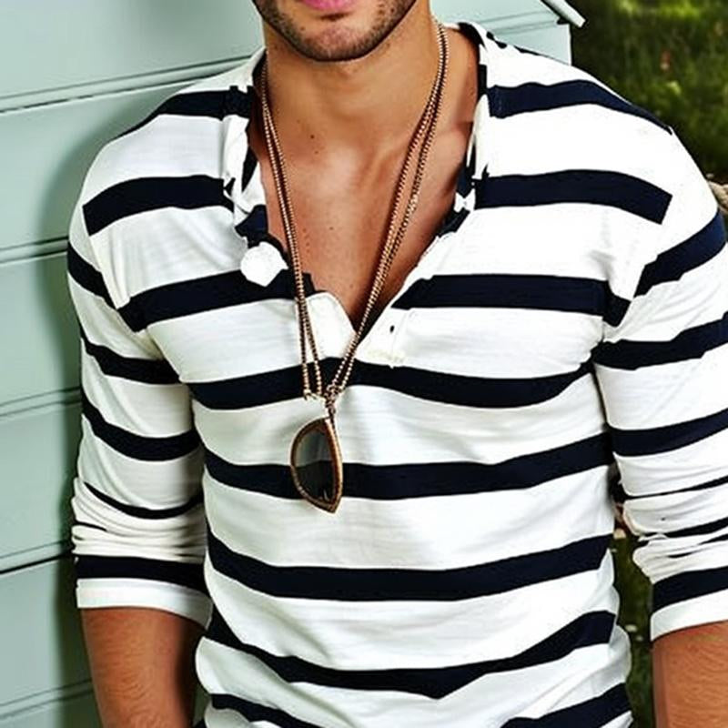 Versatile men's striped henley tee, ideal casual long sleeve shirt for various occasions and styles.