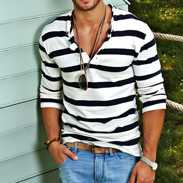 Stylish men's striped long sleeve henley top, a comfortable and relaxed fit for casual looks.