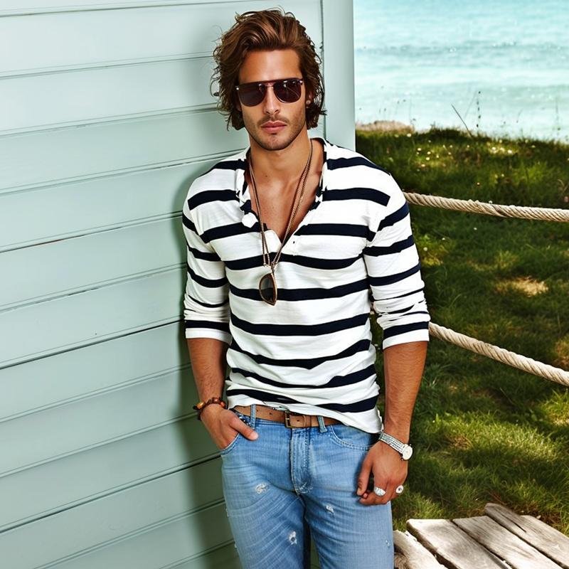 Lightweight men's striped henley long sleeve t-shirt, great for cool summer evenings or everyday style.