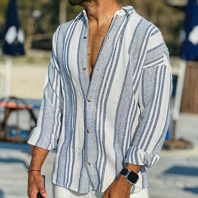 Men's casual striped long sleeve button-down shirt. Perfect for versatile everyday wear & summer fashion.