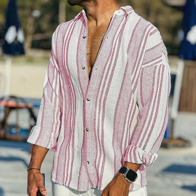 Relaxed fit men's striped long sleeve shirt for effortless style & comfort. Ideal spring/summer fashion.