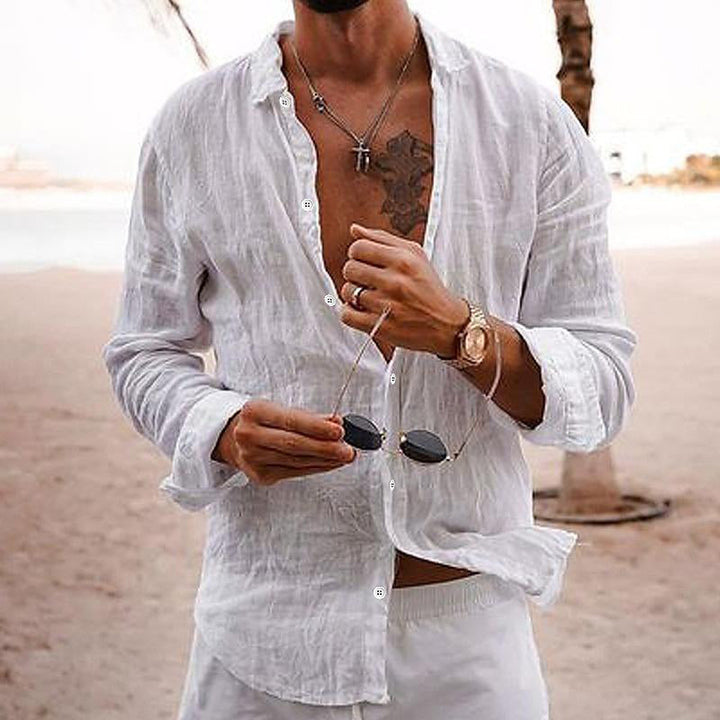 Lightweight long sleeve men's shirt, classic style button-up for everyday summer wear.