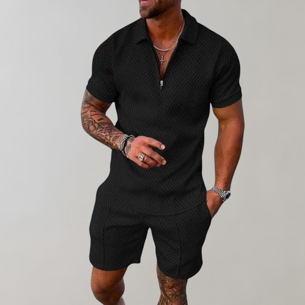 Men's casual summer outfit: stylish polo shirt and comfortable shorts two-piece set for warm weather.