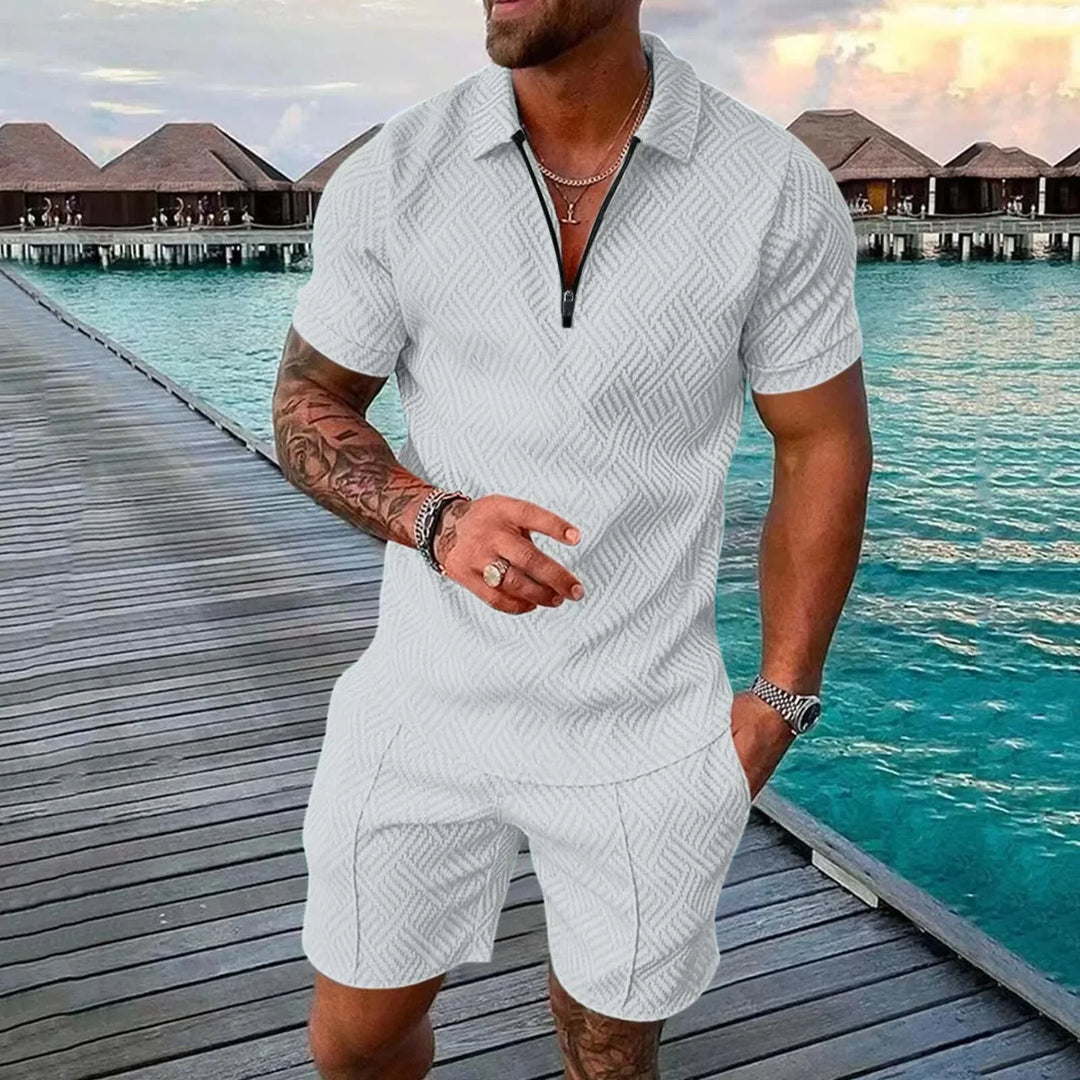 Comfortable men's summer set featuring a soft polo shirt and casual shorts, perfect for warm weather.