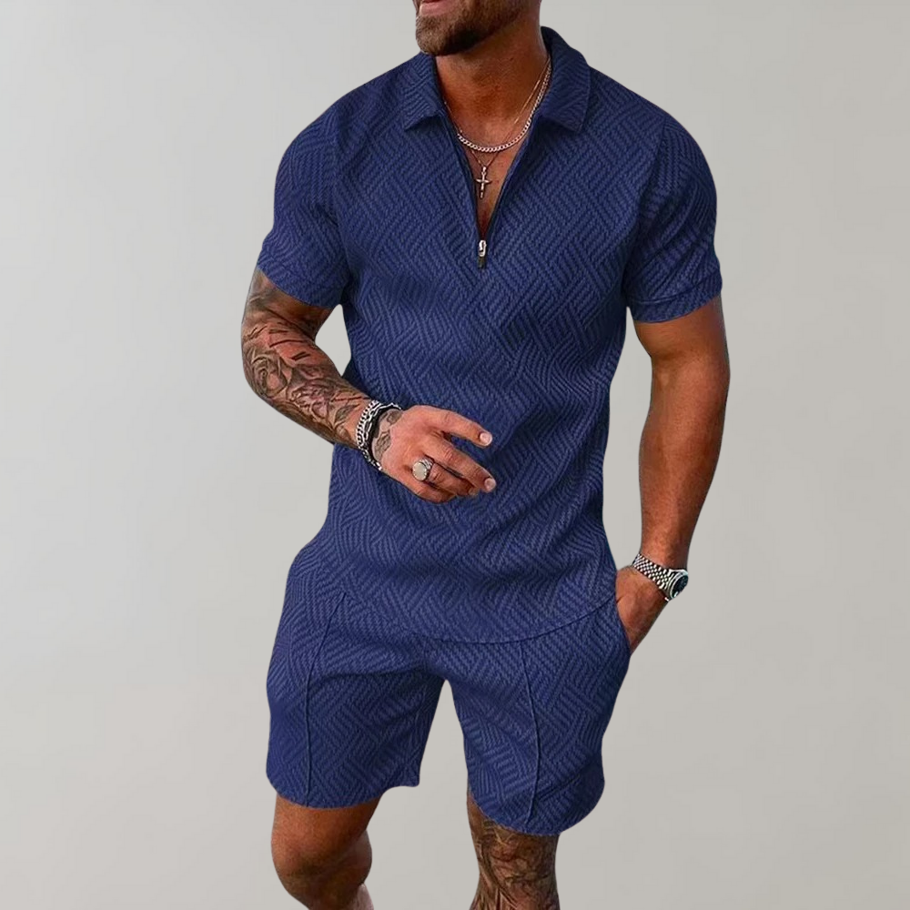 Stylish men's two-piece summer set with a classic polo shirt and trendy shorts for a casual look.