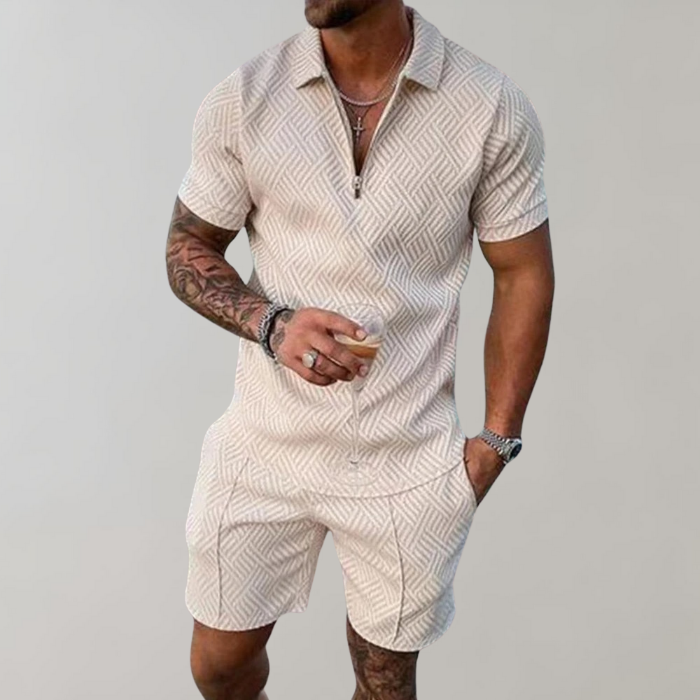 Versatile men's casual summer set: polo shirt and shorts combo ideal for warm weather activities & comfort.