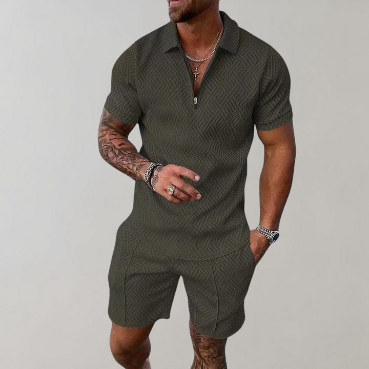 Complete men's summer fashion outfit: a classic polo shirt paired with casual shorts for ultimate comfort.