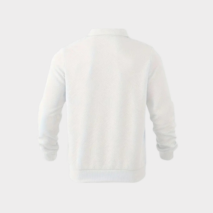 Full shot of a range of men's textured half zip pullover sweaters in various autumn colors