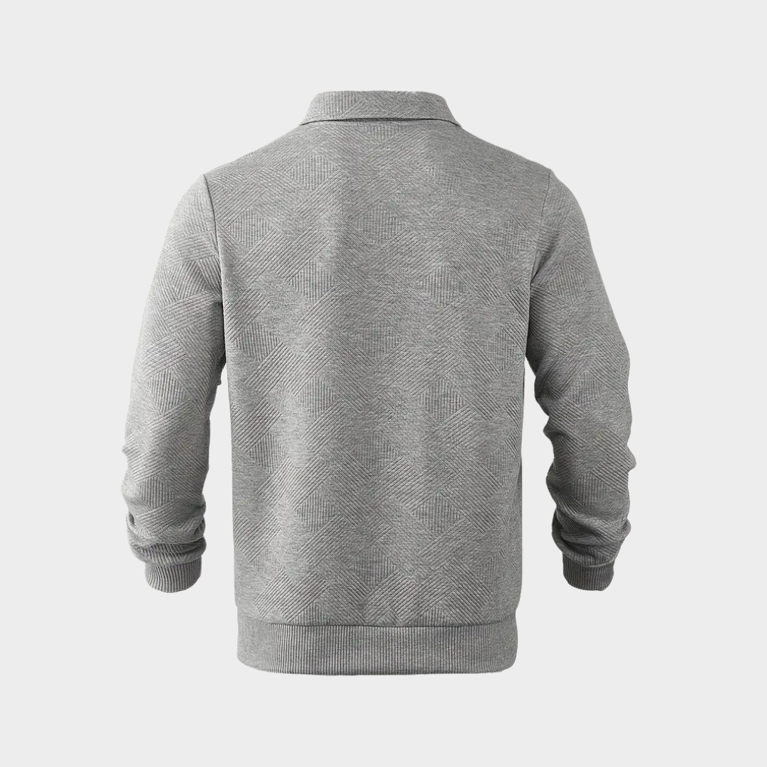 Close-up of the woven texture on a men's half zip casual pullover sweater, ideal for comfort
