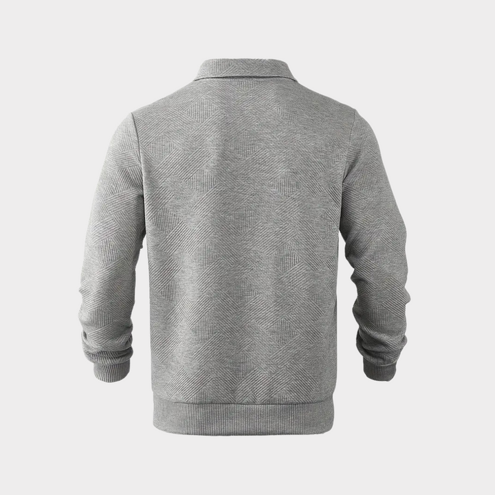 Close-up of the woven texture on a men's half zip casual pullover sweater, ideal for comfort