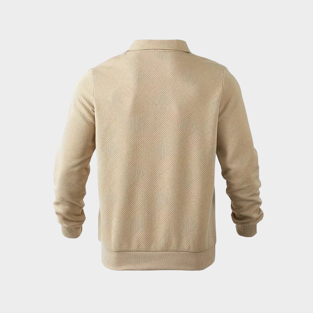 Front view of a men's black textured half zip sweater with collar open, perfect for winter comfort